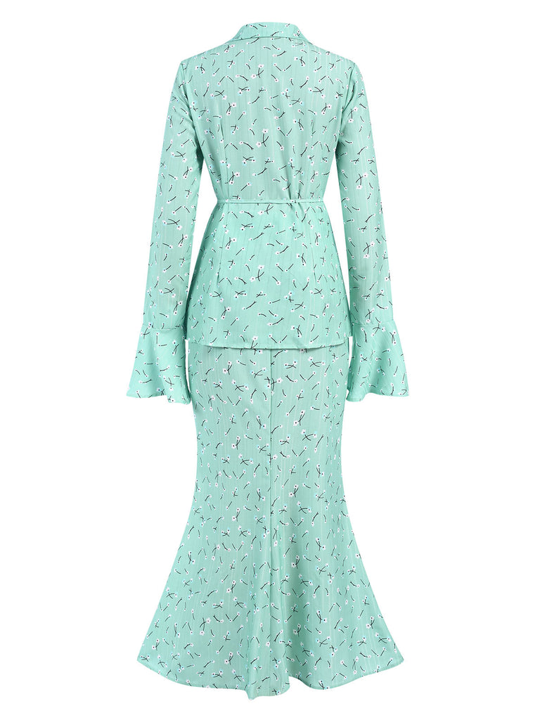 Green 1930s Floral Long Sleeve Top & Mermaid Skirt