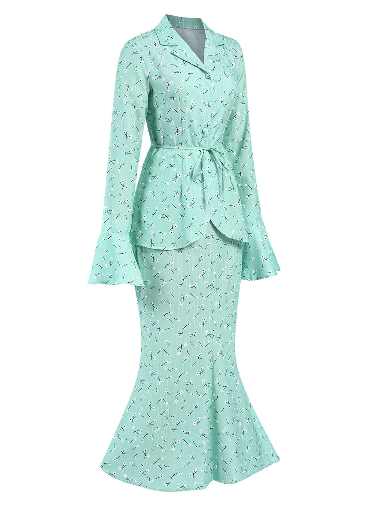 Green 1930s Floral Long Sleeve Top & Mermaid Skirt