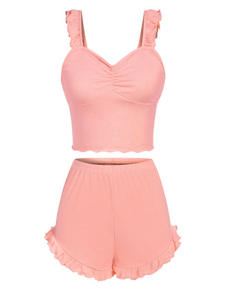 Pink 1930s Solid Ruffles Straps Pajamas