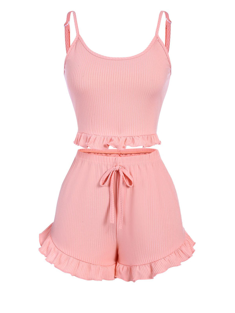 Pink 1930s Scoop Spaghetti Straps Sleepwear Set