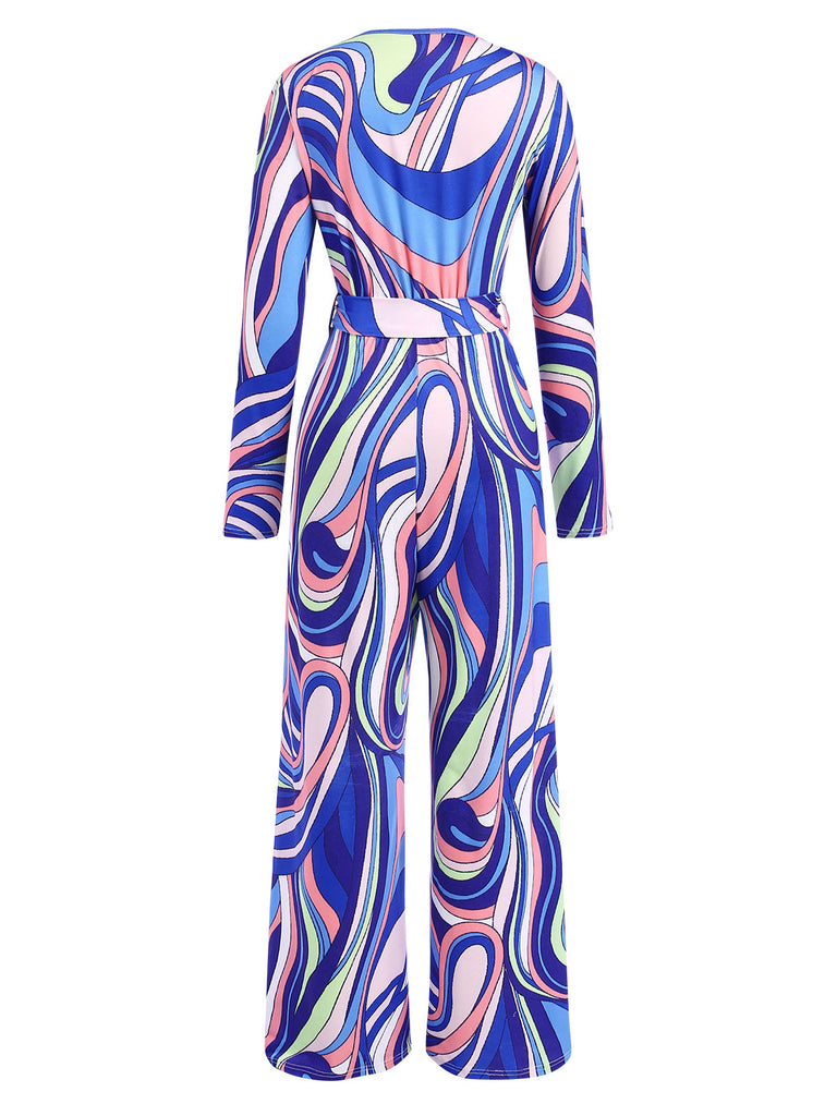 Blue 1980s Psychedelic Print Tie-Waist Jumpsuit