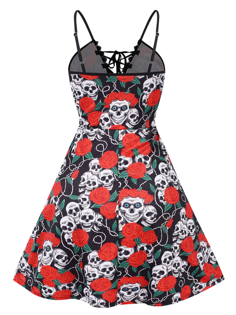 [Plus Size] Red 1940s Halloween Skull Rose Dress