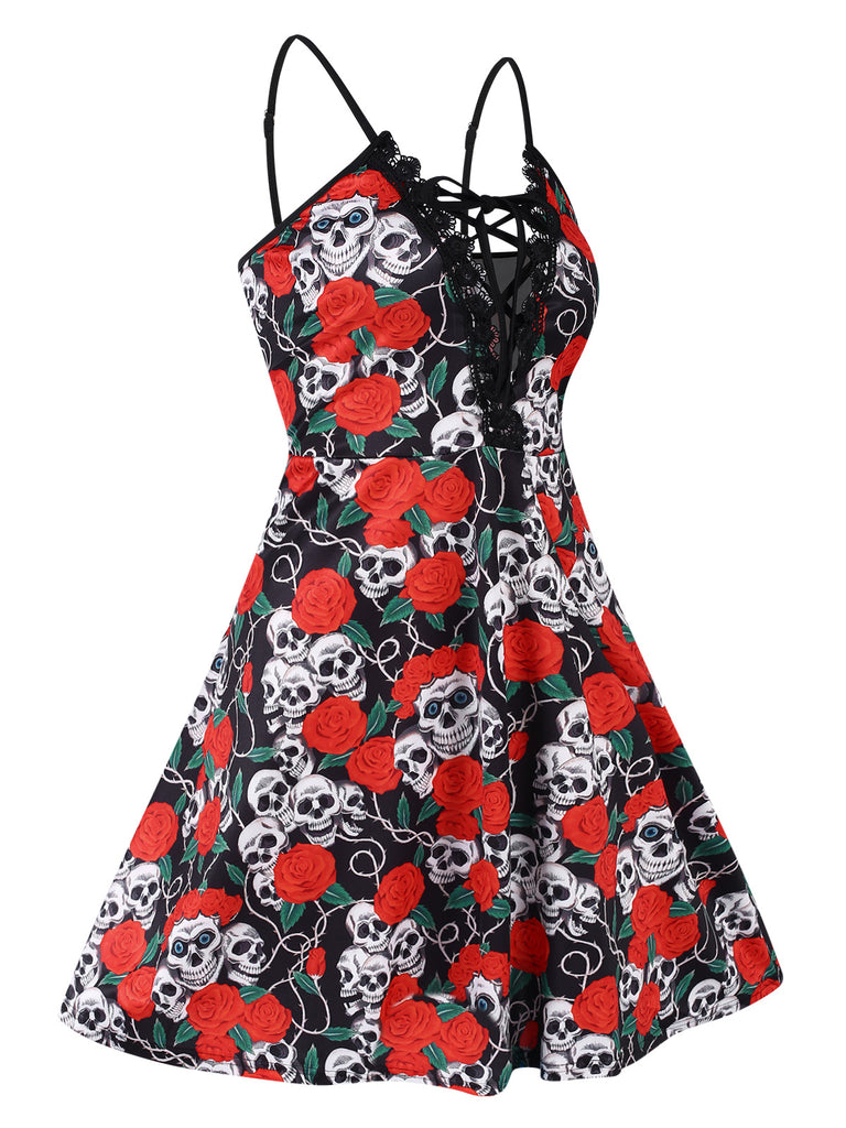 [Plus Size] Red 1940s Halloween Skull Rose Dress