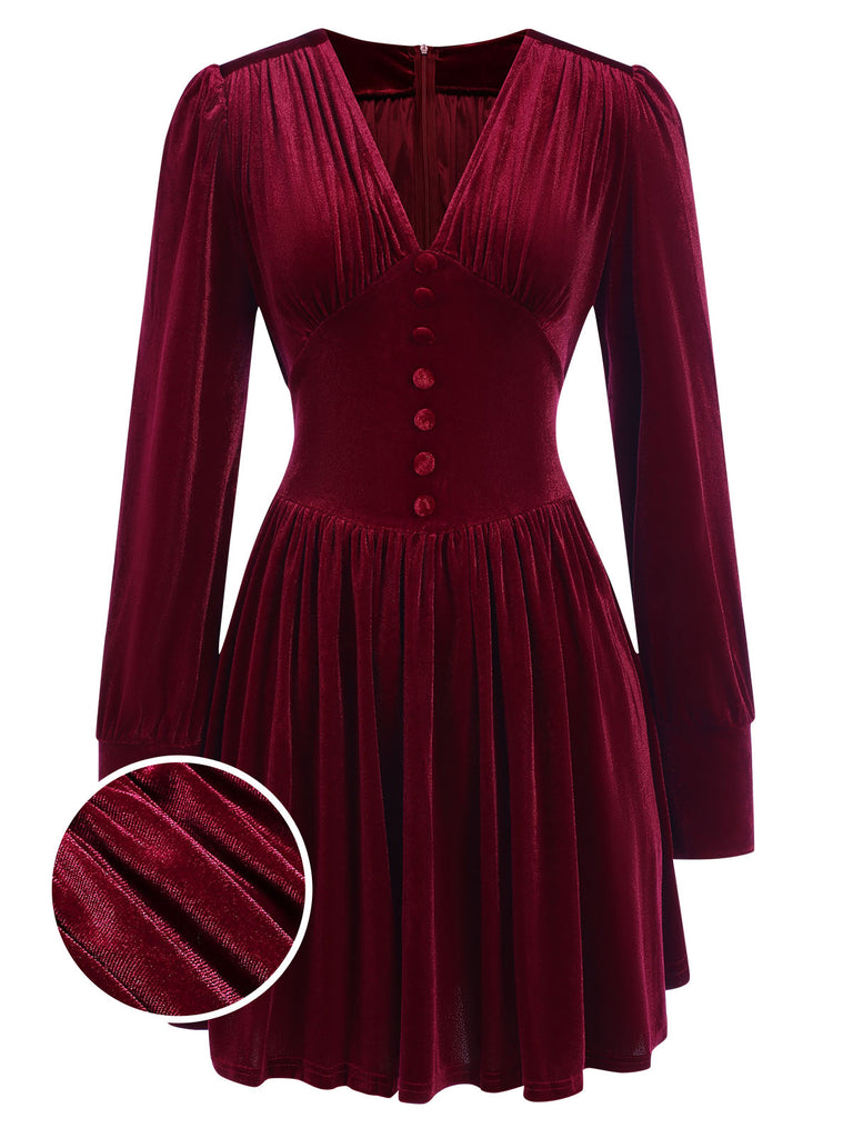 Wine Red 1940s Solid V-Neck Velvet Party Dress