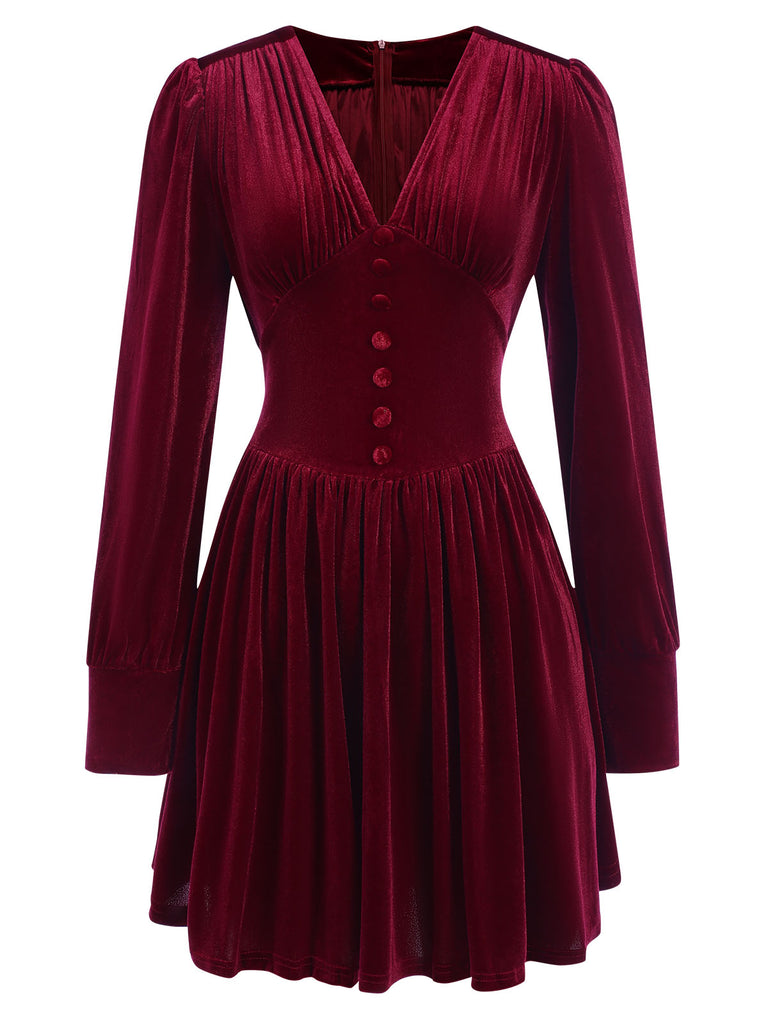 Wine Red 1940s Solid V-Neck Velvet Party Dress