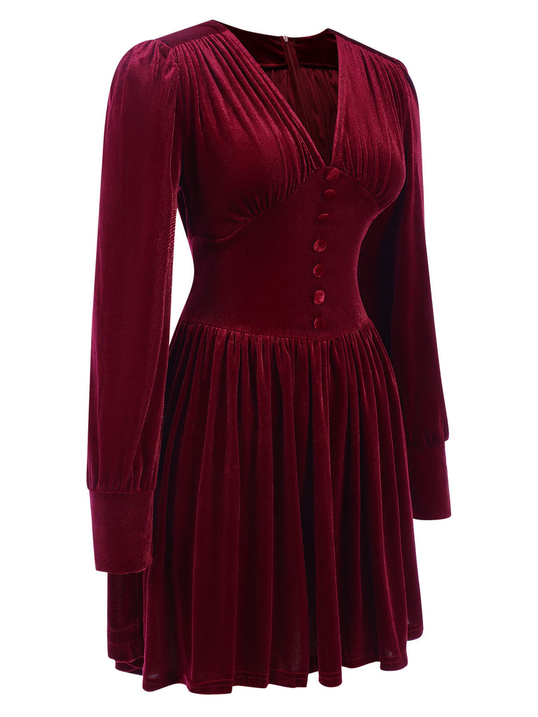 Wine Red 1940s Solid V-Neck Velvet Party Dress