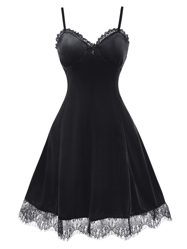 Black 1960s Lace Patchwork Velvet Strap Dress