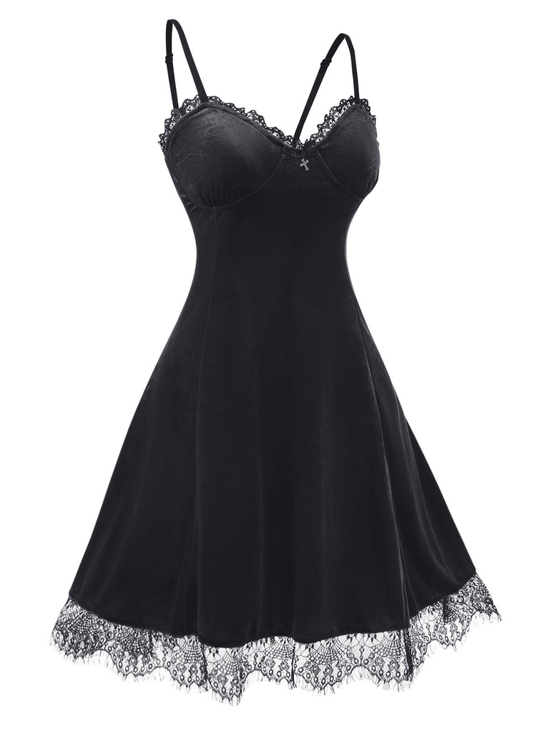 Black 1960s Lace Patchwork Velvet Strap Dress