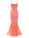 Orange 1930s Floral Lace Spaghetti Strap Mermaid Dress