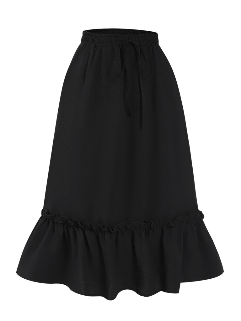 Black 1950s Solid Pleated Pockets Skirt