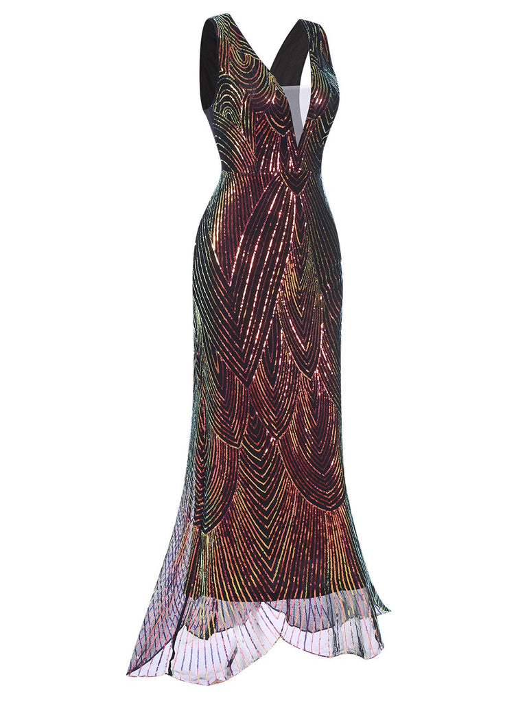 Multicolor 1920s V-Neck Sequined Fishtail Dress