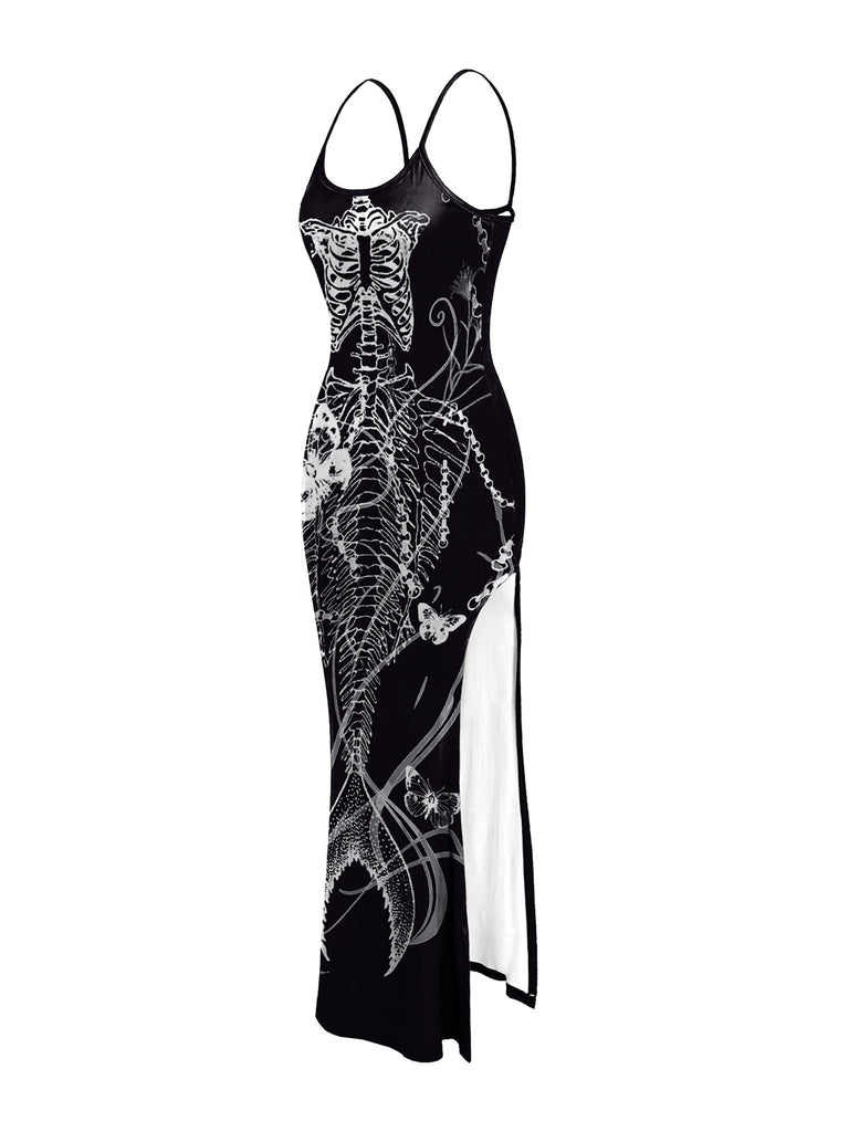 Black 1930s Mermaid Skeleton Spaghetti Straps Dress