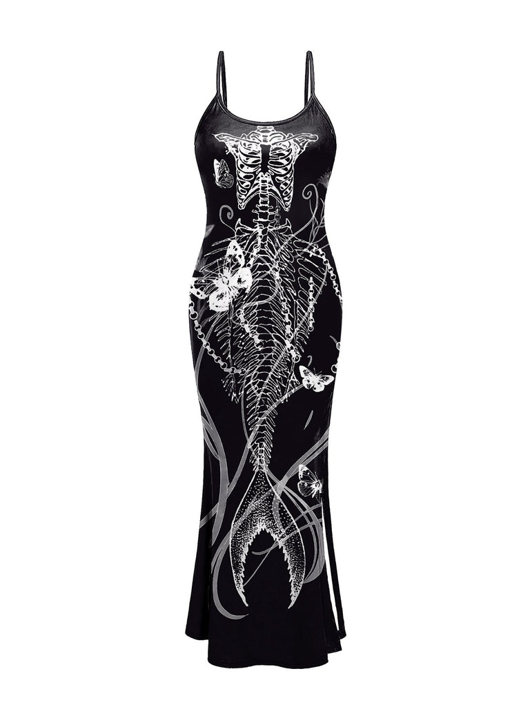 Black 1930s Mermaid Skeleton Spaghetti Straps Dress