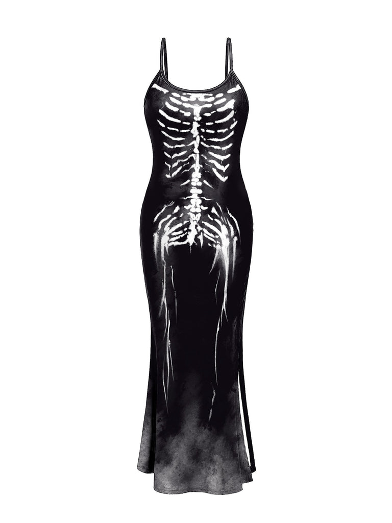 Black 1930s Skeleton Slit Spaghetti Straps Dress