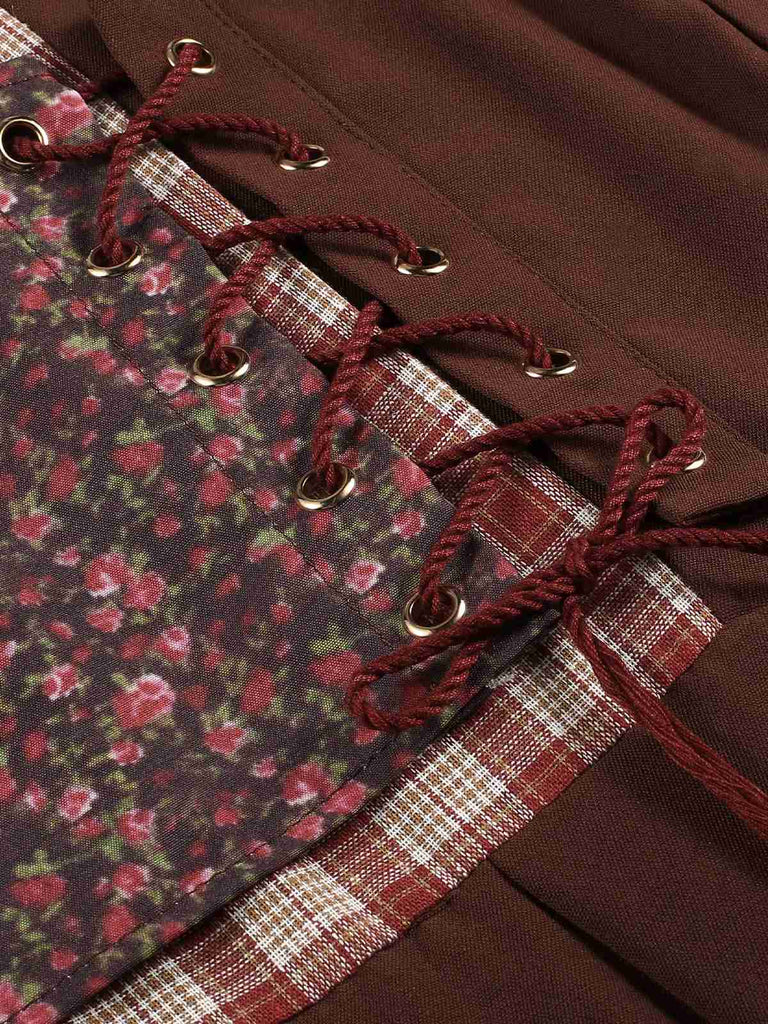 Multicolor 1940s Floral Plaid Pastoral Dress