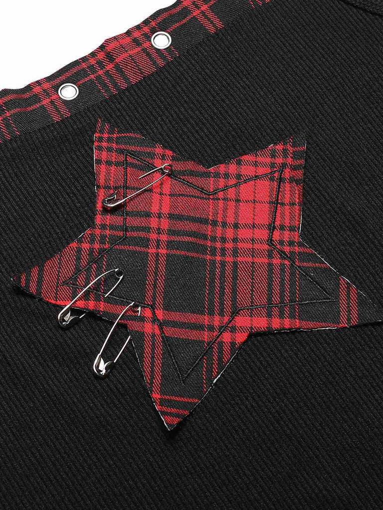 Red 1970s Steampunk Pentagram Plaid Suspender Top