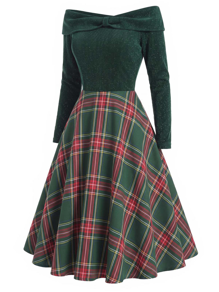 Red 1950s Christmas Off Shoulder Tartan Dress