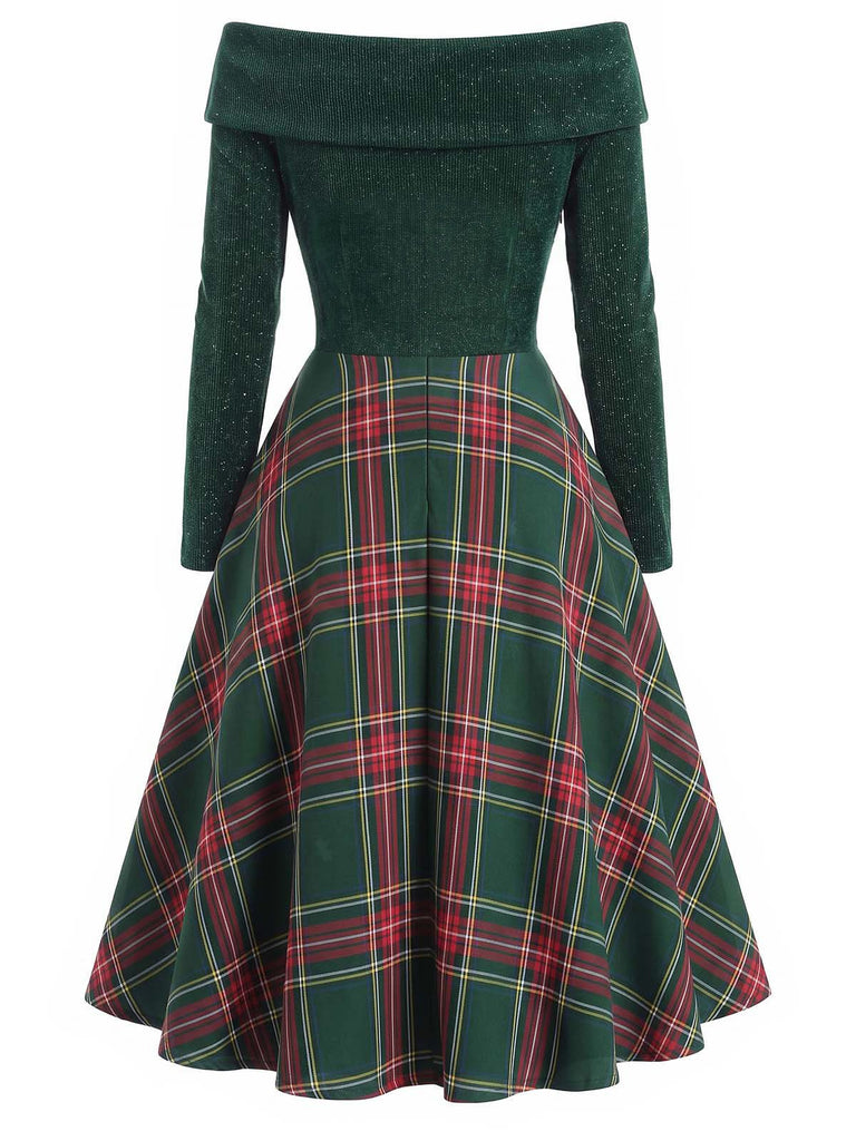 Red 1950s Christmas Off Shoulder Tartan Dress