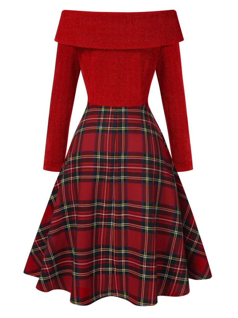 [Pre-Sale] Green 1950s Christmas Off Shoulder Tartan Dress