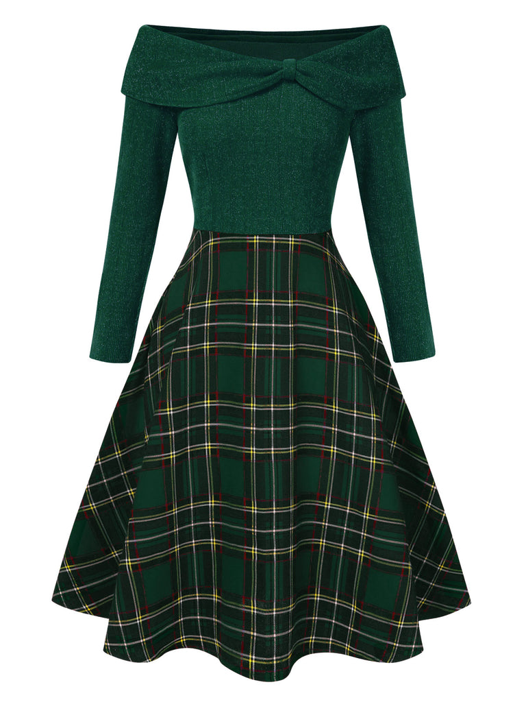 [Pre-Sale] Green 1950s Christmas Off Shoulder Tartan Dress