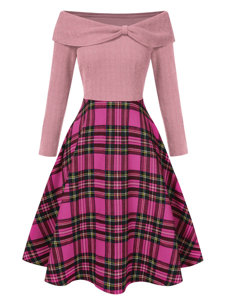 [Pre-Sale] Pink 1950s Christmas Off Shoulder Tartan Dress