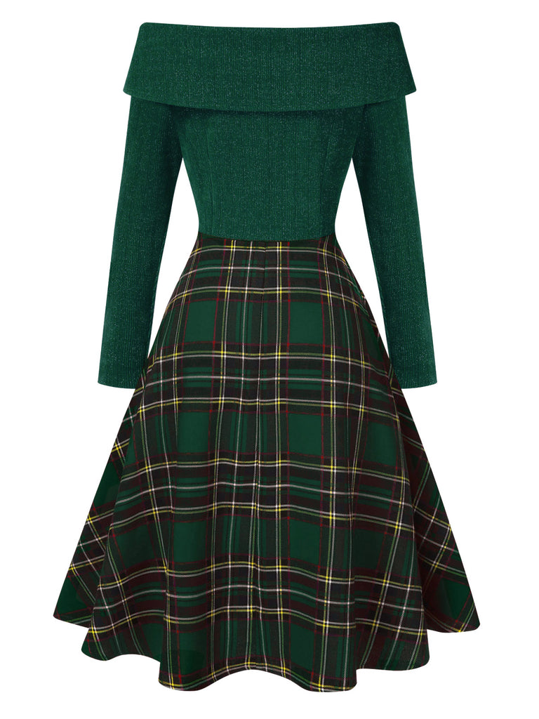 [Pre-Sale] Green 1950s Christmas Off Shoulder Tartan Dress