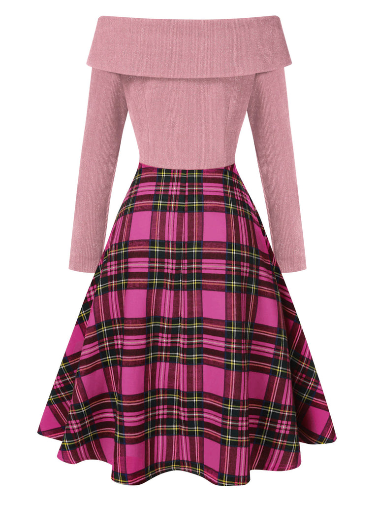 [Pre-Sale] Pink 1950s Christmas Off Shoulder Tartan Dress