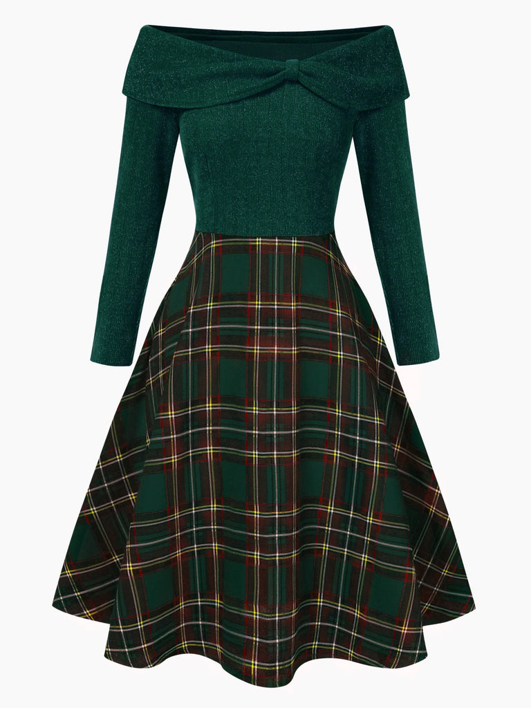 Green 1950s Christmas Off Shoulder Tartan Dress