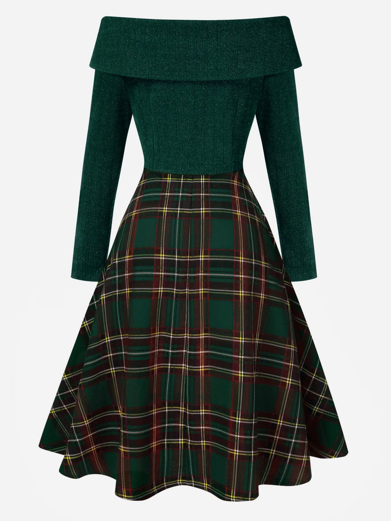 Green 1950s Christmas Off Shoulder Tartan Dress