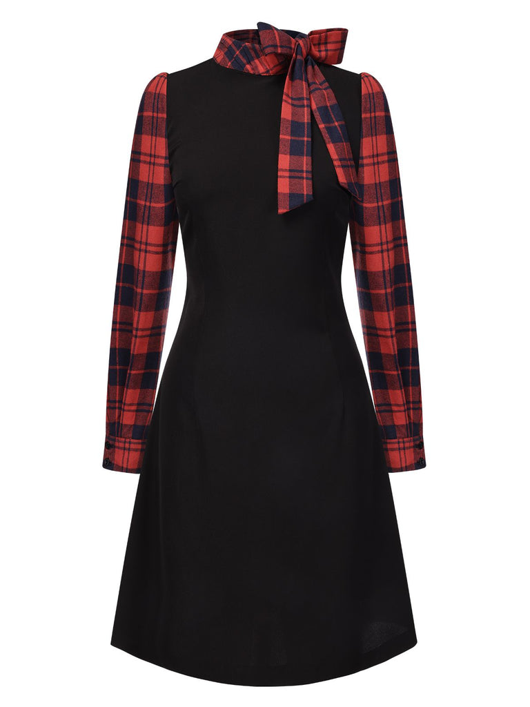 [Pre-Sale] Black 1960s Tie Neck Plaids Bow Dress