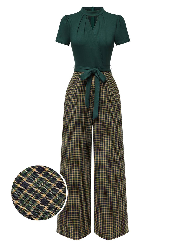 [Pre-Sale] Red 1930s Plaid Keyhole Neck Belted Jumpsuit