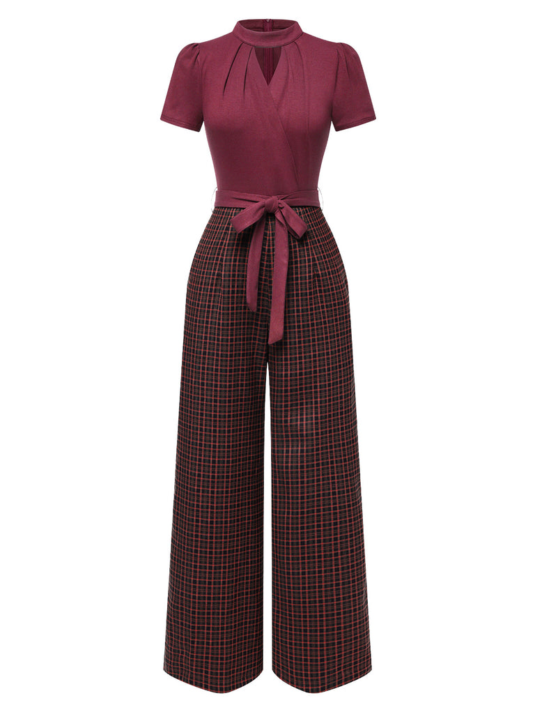 [Pre-Sale] Red 1930s Plaid Keyhole Neck Belted Jumpsuit