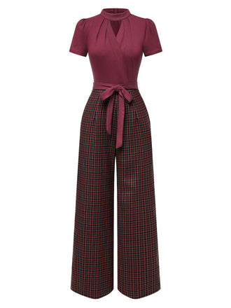 Red 1930s Plaid Keyhole Neck Belted Jumpsuit