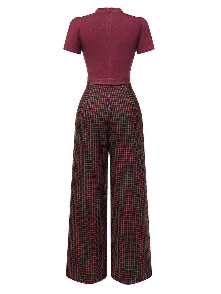 [Pre-Sale] Red 1930s Plaid Keyhole Neck Belted Jumpsuit