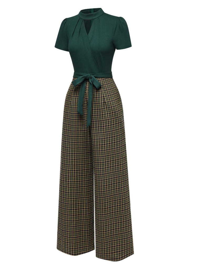 [Pre-Sale] Red 1930s Plaid Keyhole Neck Belted Jumpsuit