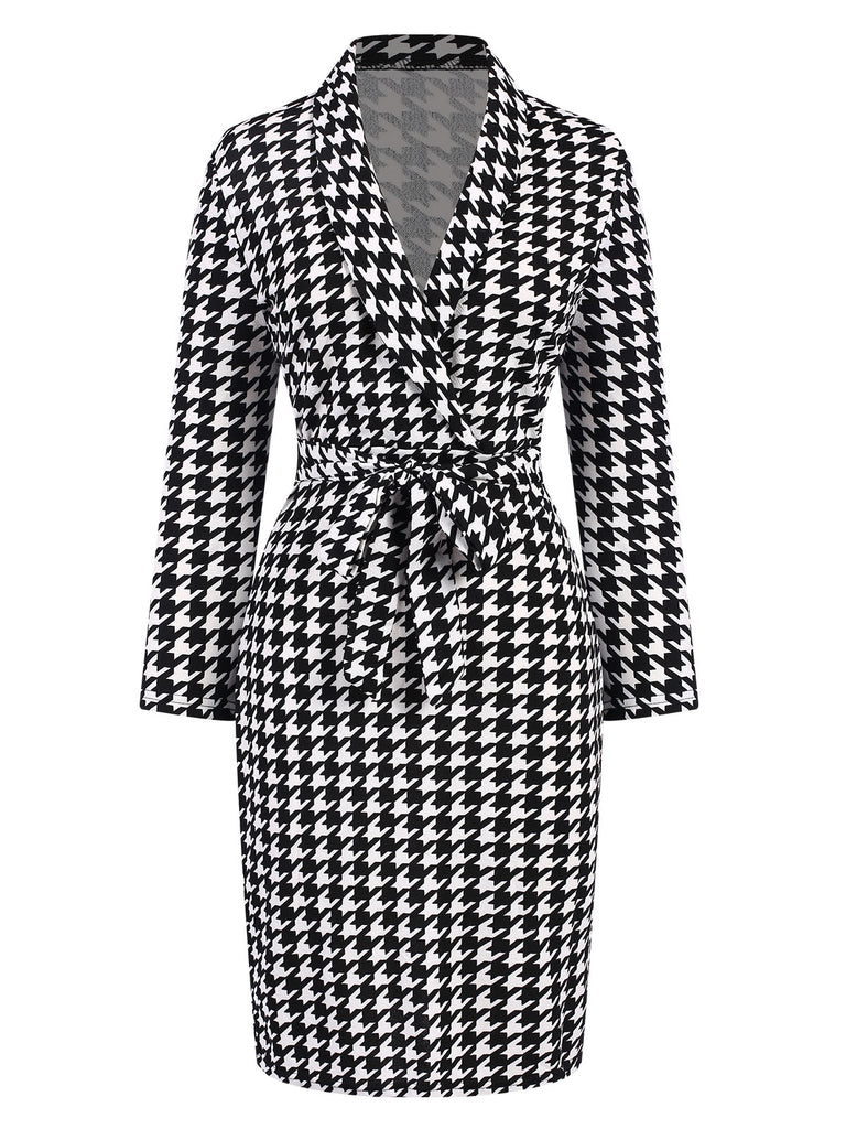 Black 1980s V-Neck Bow Houndstooth Dress