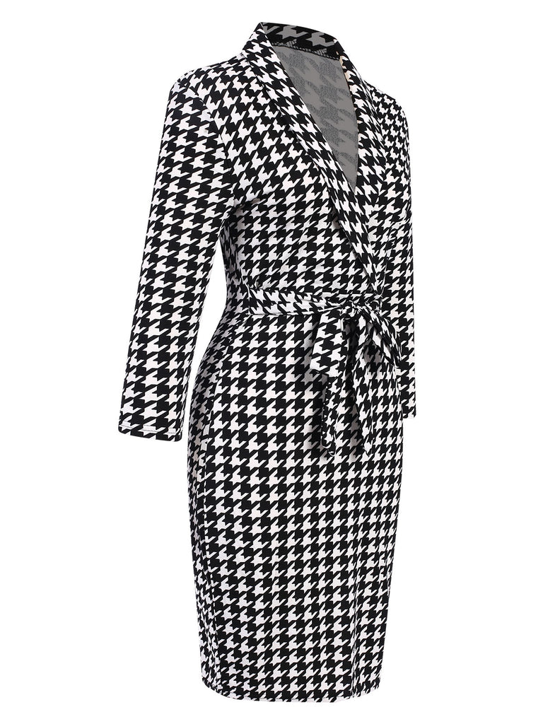 Black 1980s V-Neck Bow Houndstooth Dress