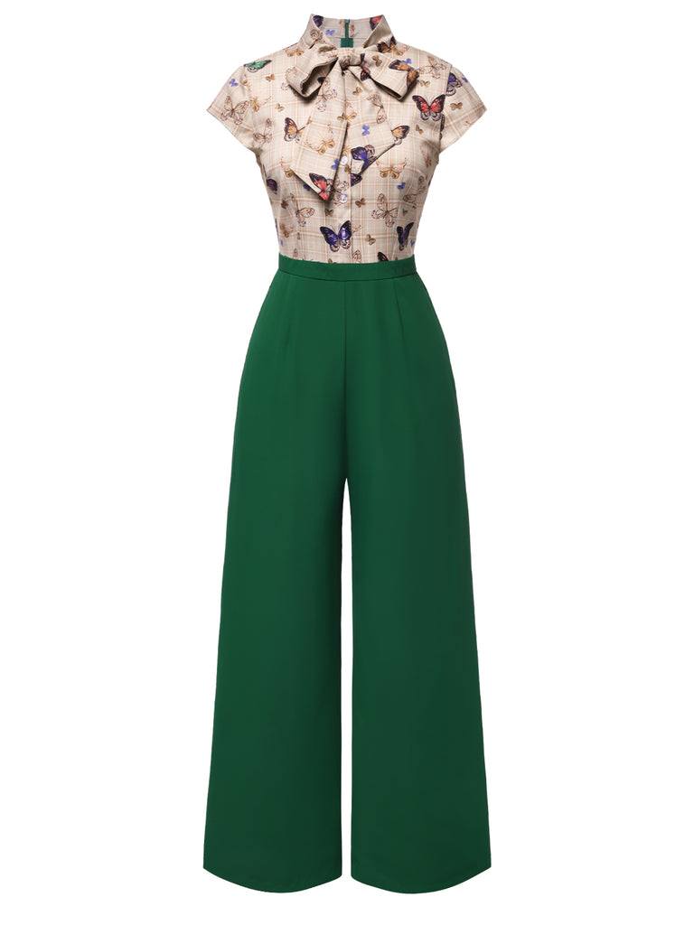 [Pre-Sale] Green 1930s Tie Neck Plaids Butterflies Jumpsuit