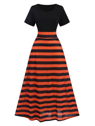 Black & Orange 1970s Stripes Colorblock Dress
