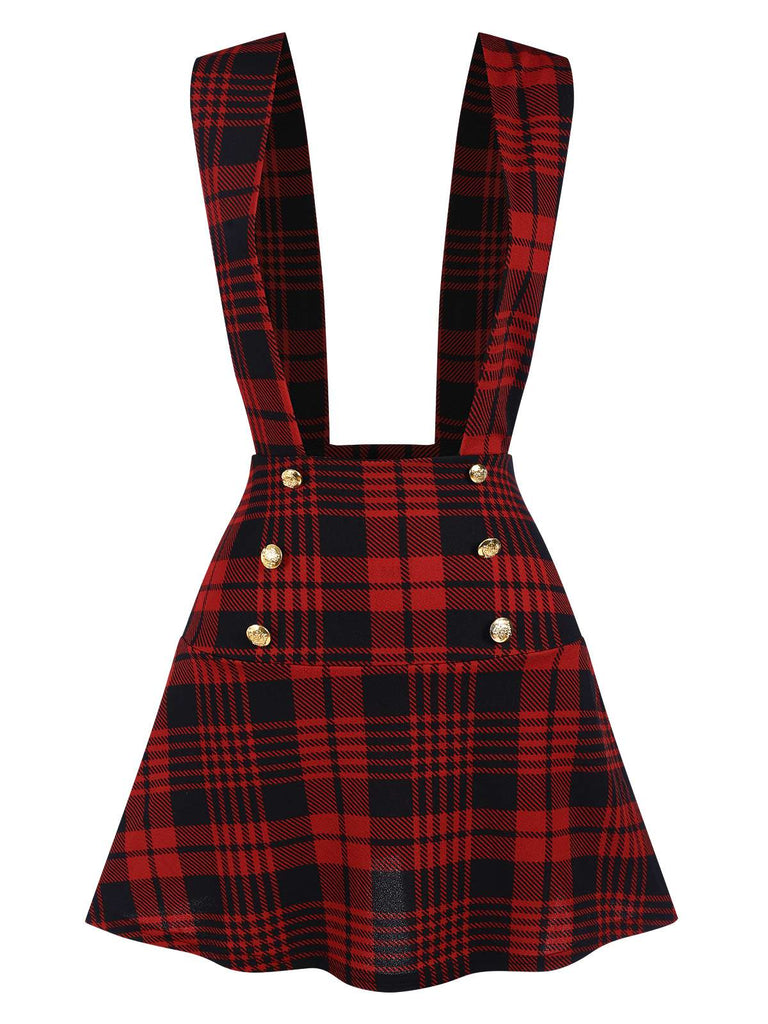 Red 1980s Scottich Plaid Overall skirt