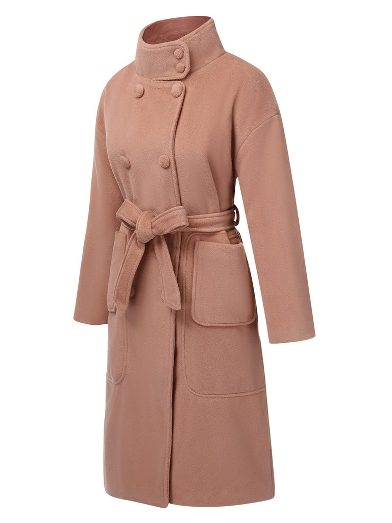 Pink 1970s Solid Stand Collar Buttoned Coat