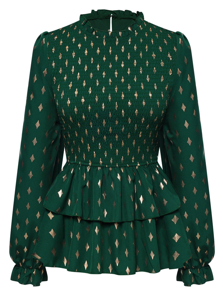 Green 1940s Geometric Lantern Blouse