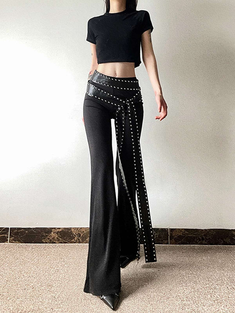 Black 1980s Steampunk Bootcut Rivet Pants