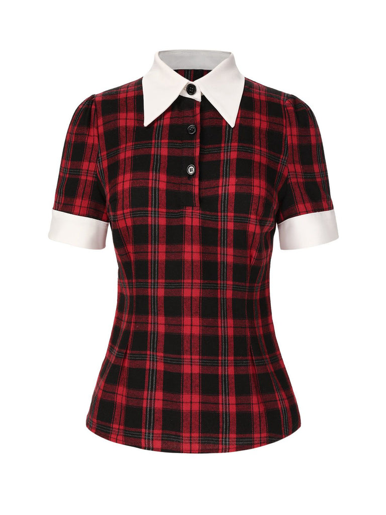 Red 1930s Shirt Collar Gingham Plaid Top