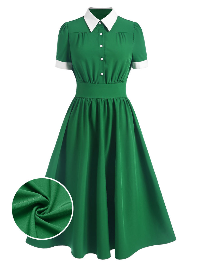 [Pre-Sale] Green 1940s Contrast Shirt Collar Dress