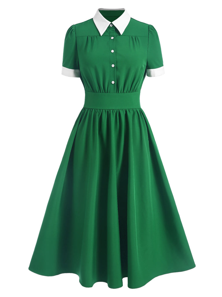 [Pre-Sale] Green 1940s Contrast Shirt Collar Dress