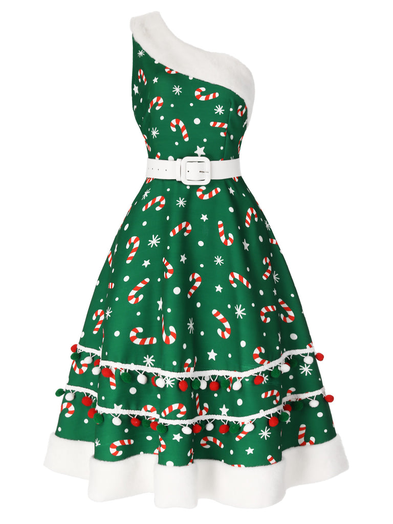 [Pre-Sale] Green 1950s Candy Cane One-Shoulder Dress