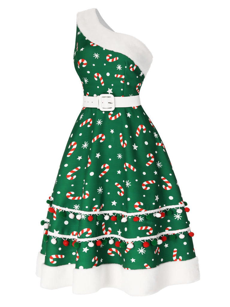 [Pre-Sale] Green 1950s Candy Cane One-Shoulder Dress