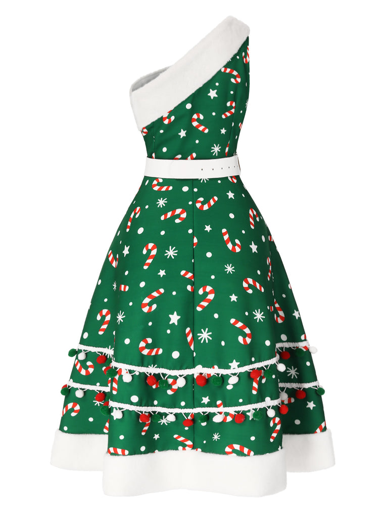 [Pre-Sale] Green 1950s Candy Cane One-Shoulder Dress