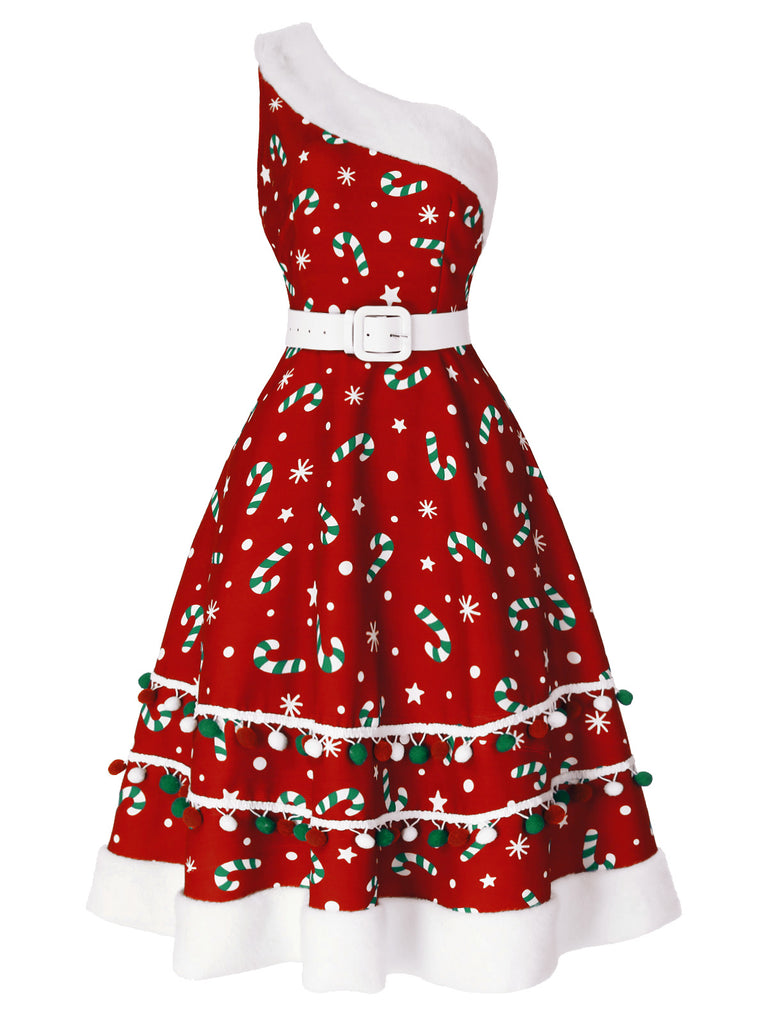 [Pre-Sale] Red 1950s Candy Cane One-Shoulder Dress